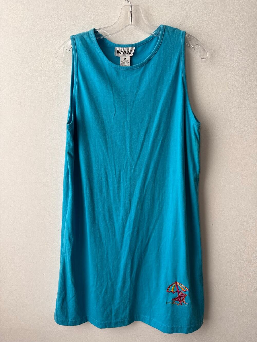 Vintage 90s Blue Embroidered Beach Dress Oversized Tank Top Coastal Grandma M